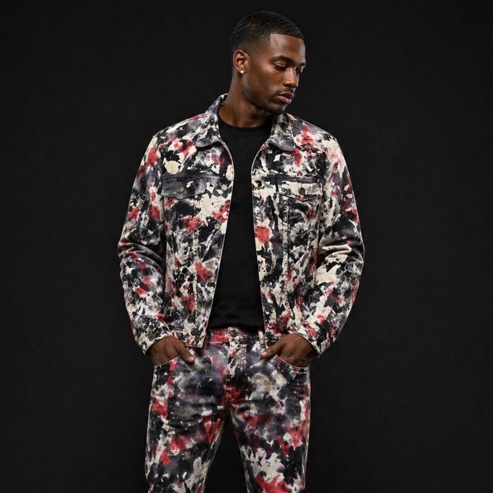 Copper Rivet Men's Black, White & Red Tie-Dye Denim Jacket